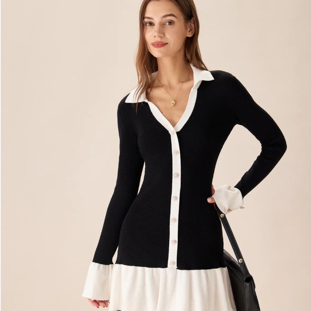 RIHOAS Black and White Button-Up Sweater Dress
